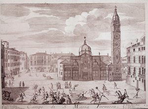 Kilátás a Santa Maria Formosa templom terére, a velencei metszet a „Teatro di Venezia”-ból” 18. századi Velence, Museo Correr alkotó: Italian School