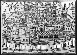 Fallal körülvett város Giacomo Filippo Foresti Supplementum Chronicarumból, 1506 alkotó: Italian School