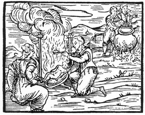 Boszorkányok sütik és főzik a csecsemőket, egy illusztráció másolata a Compendium Maleficarumból, Fr. M. Guacciustól, Milánó, 1608, a History of Magic, megjelent a 19. század végén alkotó: Italian School