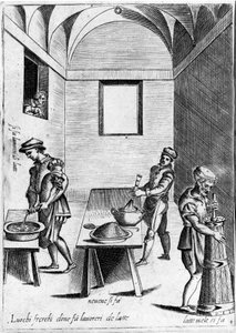 Munkatej (tejtermék) hűvös helyen. Metszet az „Operából”, 6 részre osztott gasztronómiai könyv, Bartolomeo Scappi, V. Pius pápa velencei szakácsa. alkotó: Italian School