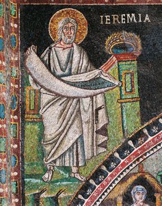 Jeremiás próféta, mozaik, a lunetától balra, a presbitérium északi fala, a San Vitale-bazilika (UNESCO világörökségi lista) alkotó: Italian School