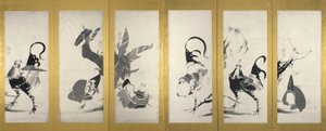Az egyik pár összecsukható képernyő (tinta papíron) (pár a 3742188-as számhoz) alkotó: Ito Jakuchu