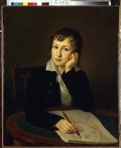 Alekszandr Nyikolajevics Mordvinov gróf portréja (1799-1858). (A.N. Mordvinov gróf portréja). Fiatal tinédzser, az asztalánál, kezében a fejével és egy mechanikus ceruzával, a festő arcát figyeli, akinek az arcát rajzolja. Ivan Alekszejevics festménye alkotó: Ivan Alekseevich Tyurin