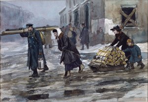 Vlagyimir Ivan Alekszejevics (1869-1947) egy mérnök családja húzza haza az üzemanyagot. Akvarell, gouache, papír alkotó: Ivan Alexeyevich Vladimirov
