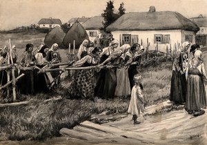 Vallási kolera felvonulás Oroszország vidéki részén az akvarellsorozatból: Orosz forradalom,