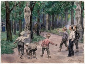Sportverseny a Szentpétervári Császárkertben (a gyerekek kövekkel dobálnak egy meztelen nő szobrát) - Sportverseny a császári kertben: Petrograd, 1921. július (az orosz forradalom akvarellsorozatból) - Vladim