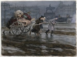 Famille demenageant ses affaires dans une charrette a bras - Család mozgatja a holmiját a kocsin (az orosz forradalom akvarellsorozatból) - Vladimirov, Ivan Alekszejevics (1869-1947) - 1917-1918 - Akvarell papíron - 25,9x34,3 - Private Collec