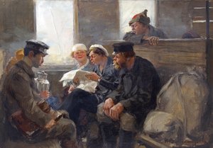Vlagyimir Ivan Alekszejevics (1869-1947) bolsevik csoportja a vonaton. Olaj, fa alkotó: Ivan Alexeyevich Vladimirov