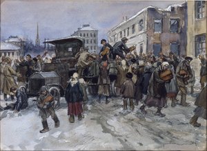 Éhes munkások Petrográdban, akik kenyeret raboltak egy katonai teherautóból, Vladimirov, Ivan Alekszejevics (1869-1947). Akvarell, gouache, papír
