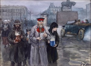 Éhes évek Petrográdban. Vlagyimir Ivan Alekszejevics (1869-1947) hazatérés a közös leveskonyhából. Akvarell, gouache, papír alkotó: Ivan Alexeyevich Vladimirov