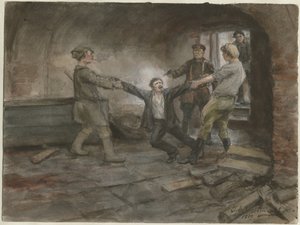 Fogvatartott és kivégzett ember az akvarellsorozatból Orosz forradalom, 1919