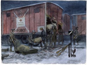 Soldats pillant un wagon de chemin de fer - Vasúti vagont kifosztó katonák (az orosz forradalom akvarellsorozatból) - Vladimirov, Ivan Alekszejevics (1869-1947) - 1922 - Akvarell papíron - 25,8x34,1 - Magángyűjtemény alkotó: Ivan Alexeyevich Vladimirov