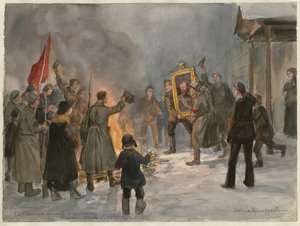 Festményeket égető katonák (az orosz forradalom akvarellsorozatból) - Ivan Alekszejevics Vladimirov (1869-1947) életműve - 1917 - Akvarell papíron - 25,7x34,5 - Magángyűjtemény