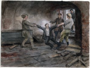 Un detenu emmene pour etre execute - Fogvatartott és kivégzett ember (az orosz forradalom akvarellsorozatból) - Vladimirov, Ivan Alekszejevics (1869-1947) - 1919 - Akvarell papíron - 25,7x34,5 - Magángyűjtemény alkotó: Ivan Alexeyevich Vladimirov