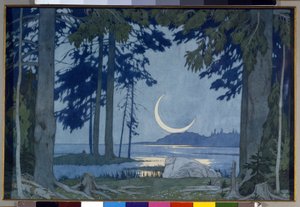 Holdfény az Ilmen-tó felett. Díszlet Miklós (Nikolaj) Rimszkij Korszakov (Rimszkij-Korszakov) (1844-1908) Sadko című operájához (Éjszaka az Ilmen-tónál. Színpadterv N. Rimszkij-Korszakov (Rimszkij Korszakov) Sadko című operájához. Ivan Jakolevics munkája B alkotó: Ivan Yakovlevich Bilibin