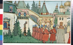 Előkészítő rajz a Finist, a sólyom című színházi darabhoz, amelyet a "Finist, a büszke sólyom" című orosz mese ihletett (Színpad a Finist, a sólyom című színházi darabhoz). Ivan Jakolevics Bilibin (Bilibin) festménye (1876-1942). Akvarell, gouach alkotó: Ivan Yakovlevich Bilibin