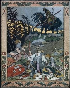 Illusztráció a Maria des mers (Marya Morevna mese illusztrációja) című meséhez. Iván herceg felfedezi a hadsereget, amelyet Mária Morevna, a harcos királynő legyőzött. Ivan Jakovlevics Bilibin (Bilibin) (1876-1942) munkája, akvarell és tus papíron alkotó: Ivan Yakovlevich Bilibin