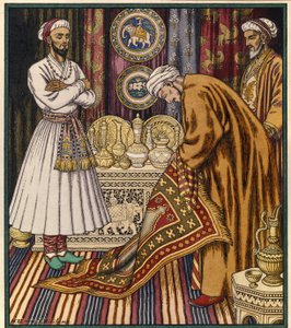 Ali herceg varázsszőnyeget vásárol. Illusztráció egy arab meséhez. (Ali herceg szőnyeget vásárol). Ivan Jakolevics Bilibin (Bilibin) festménye (1876-1942). Akvarell papíron. Szentpétervár, Állami Orosz Múzeum. alkotó: Ivan Yakovlevich Bilibin