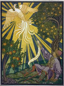 A herceg tollat ​​ragad a tűzmadártól. Illusztráció az "Ivan Tsarevics, a tűzmadár és a szürke farkas" című meséhez. Ivan Jakovlevics Bilibin (Bilibin) (1876-1942) munkája, akvarell és gouache papíron. Orosz művészet, XX. század, szimbolika. alkotó: Ivan Yakovlevich Bilibin
