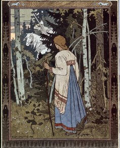 Vaszilissa a legszebb és a fehér lovas. (Szép Vasilisa és a fehér lovas). (Hagyományos orosz mese). Ivan Jakovlevics Bilibin (Bilibin) (1876-1942) munkája, litográfia