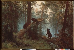 Reggel a fenyőerdőben (Három medvekölyök felmászik egy kidőlt fára, az anyja tekintete alatt) - Reggel a fenyőerdőben - Ivan Ivanovics Shishkin (Shishkin) (1832-1898) festménye, olaj, vászon alkotó: Ivan Ivanovich Shishkin