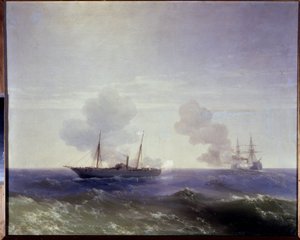 Orosz-török ​​(orosz-török) háború 1877-1878: A tengeri csata a Vesta orosz cirkáló és a vaskalapos Fethi Bulend között a Fekete-tengeren, 1877. július 11. (A tengeri csata a Vesta orosz cirkáló és a vaskalapos Fethi Bulend között tette alkotó: Ivan Konstantinovich Aivazovsky