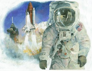Buzz Aldrin amerikai űrhajós űrruhában és a Discovery űrsikló kilövése a Kennedy Űrközpontból alkotó: Ivan Lapper