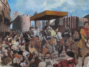VI. Edward király koronázási menetének rekonstruált képe, amint 1547-ben elhagyja a londoni Tower-t. alkotó: Ivan Lapper