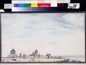 Kilátás Rosztovra, Kremlre. (Kilátás a Rosztovi Kremlre). Ivan Mihajlovics Belogonov (1800-1871) festménye. Akvarell és tinta papírra alkotó: Ivan Mikhaylovich Belogonov