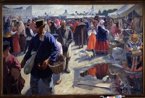 A Vásár (A Fair). Piaci jelenet egy orosz tartományi városban, hagyományos légkörben, parasztok és árusok társaságában. Ivan Szemjonovics Kulikov (Koulikov) (1875-1941) festménye, olaj, vászon