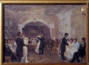 A kereskedő bál. Párok táncolnak, fiatal, fehérbe öltözött lányok ülve várják a táncmeghívást. Ivan Szemjonovics Kulikov (Koulikov) (1875-1941) festménye, olaj, vászon
