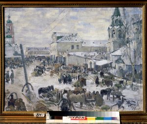 Egy templom Muromban (Oroszország). (Egy templom Muromban). Városi utca leírása, hó alatt, napi szórakozással, lovas kocsikkal. Ivan Szemjonovics Kulikov (Koulikov) (1875-1941) festménye, olaj, vászon