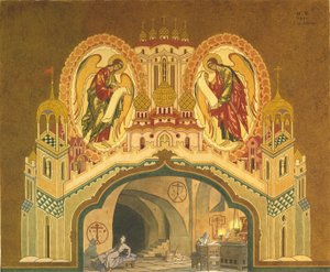 Chudov kolostor. Színpadterv M. Muszorgszkij Borisz Godunov című operájához, 1930 alkotó: Ivan Yakovlevich Bilibin