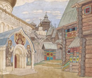 Orosz falu. Színpadterv N. Rimszkij-Korszakov A Saltan cár meséje című operájához alkotó: Ivan Yakovlevich Bilibin