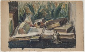 Elrendezés könyvekkel, pipával és figurával alkotó: J.A. Jerichau