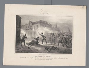 Orange hercege a csapatok élén Ravelsnél, 1831 A narancssárga herceg, miután Ravelsnél felállt a lóról, személyesen vezeti a 18. hadosztály 2. batalyonját az ellenség ellen / (1831. augusztus 3.) (cím a tárgyon) Hét feljegyzés a csatákról o alkotó: J.B. Clermans