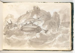 Hajótörés egy sziklás parton. Néhány férfi egy sziklán áll és néz alkotó: Johan Christian Dahl