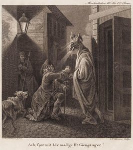 Varázsige. Ó, kímélje meg kegyelmes életemet, Mr. Visszamegyek! Metszet a Lorentzens Holberg Galéria nyomán. alkotó: J.F. Clemens