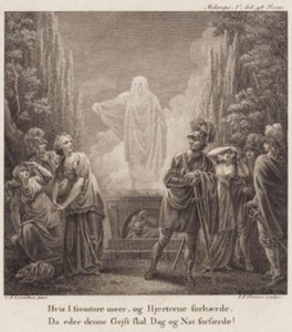 Melampe. Ha tovább mész, és megkeményedik a szíved, mikor fog ez a szellem éjjel-nappal megrémíteni? Metszet Llorentzens Holberg Galleri nyomán. alkotó: J.F. Clemens