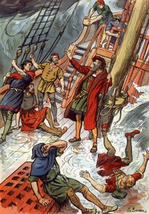 Vasco de Gama itt a dél-afrikai Jóreménység fokánál egy vihar alatt alkotó: J.L Beuzon (fl.1880-1940)
