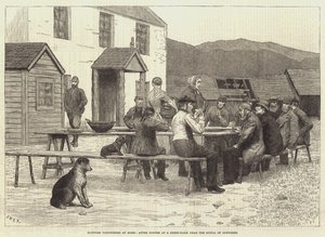 Skót önkéntesek otthon, vacsora után a Glenshee Spittal közelében lévő bárányfarmon