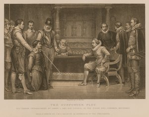 A puskaporos összeesküvés; Guy Fawkes kihallgatása I. Jakab király és tanácsa által a király hálószobájában, Whitehallban.