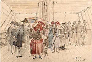 Nyugat-afrikai főnökök egy haditengerészeti hajó fedélzetén, 1850 körül (akvarell és ceruza papíron) alkotó: J.T.C. Webb