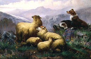 Juhkutyák és juhok a Skót Felföldön alkotó: J.W. Morris