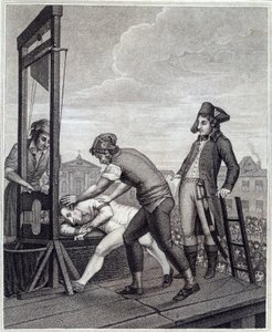 Maximilian de Robespierre (1758-1794) kivégzésénél a guillotine 1794. július 28-án a Place de la Concorde-n található, James Idnarpila metszete J. Beys nyomán. 1799 körül. Párizs, Musee Carnavalet alkotó: J. (after) Beys