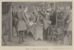 A kompakt aláírása a "Mayflower"-en (litho) alkotó: J. (after) Steeple Davis