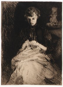 Nő ülve varrás alkotó: J. Alden Weir