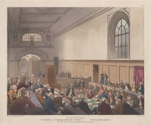 Guildhall, Examination of a Bankrupt before his Creditors Microcosm of London..., 1808. november 1. alkotó: J. Bluck