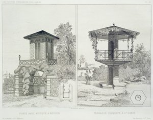 Portál kioszkkal, Meudonnal és fedett terasszal, St. Denis, különböző építészek terveiből készült kötetből, kocsma. Morel & Cie, Párizs, 1880 körül (rézkarc)