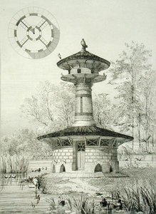 Shelter for Water Fowls at Poissy, a „Constructions et Decorations pour Jardins”-ból, 1880 körül megjelent (metszet)